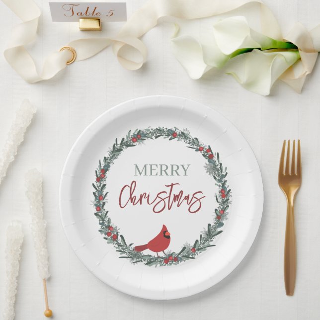 Red Berries Wreath and Red Cardinal Christmas  Pappteller (Hochzeit)