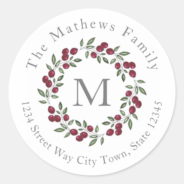 Red Berries Wreath Labels Runder Aufkleber (Vorderseite)