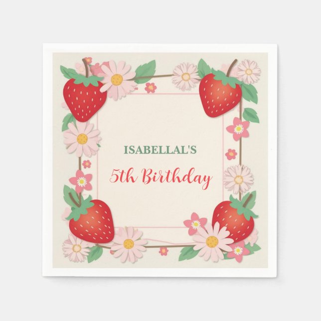 Red Berry Birthday Strawberry Blume Girl Party Serviette (Vorderseite)