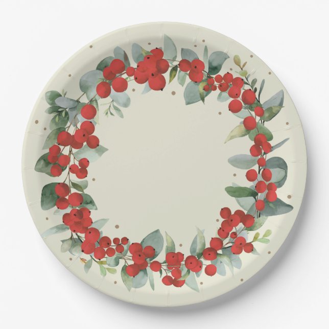 Red Berry Christmas Wreath Holiday Party Pappteller (Vorderseite)