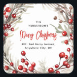 Red Berry Christmas Wreath Rücksendeadresse Quadratischer Aufkleber<br><div class="desc">Nehmen Sie sich die Mühe,  dieses Jahr Weihnachtskarten mit diesen festlichen Rücksendeadressen-Aufklebern der Roten Beere zu versenden. Mit einem Aquarellkranz aus roten Beeren und botanischem Blattwerk. Das kalligraphische Skript und eine Rücksendeaufklebervorlage können leicht angepasst werden.</div>