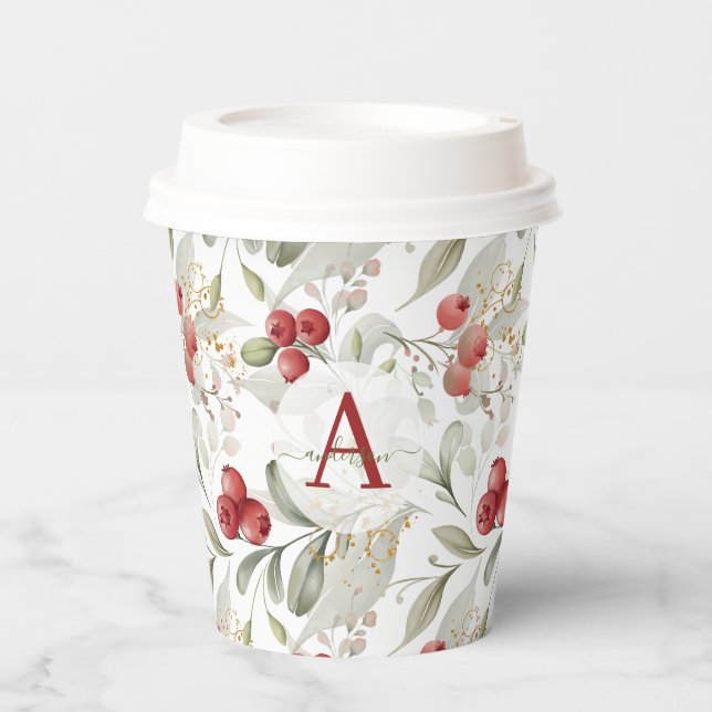 Red Berry Cranberry Branches Mit Monogramm Weihnac Pappbecher (Vorderseite)