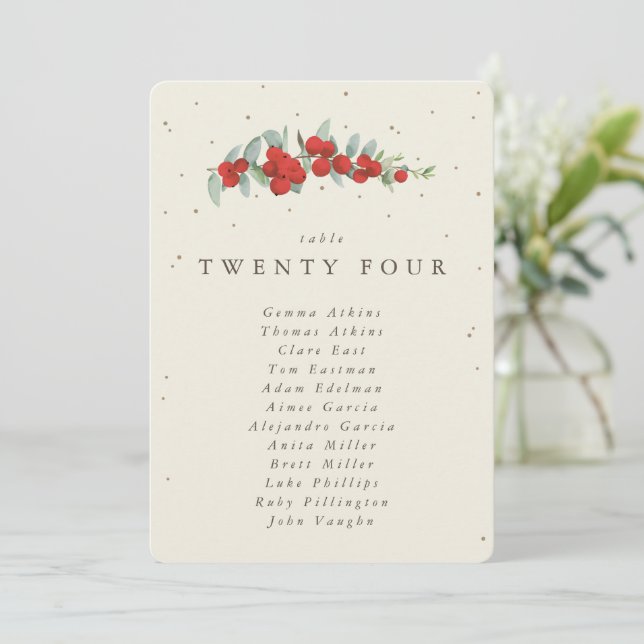 Red Berry+Eucalyptus Tischnummer Sitzkarte (Stehend Vorderseite)
