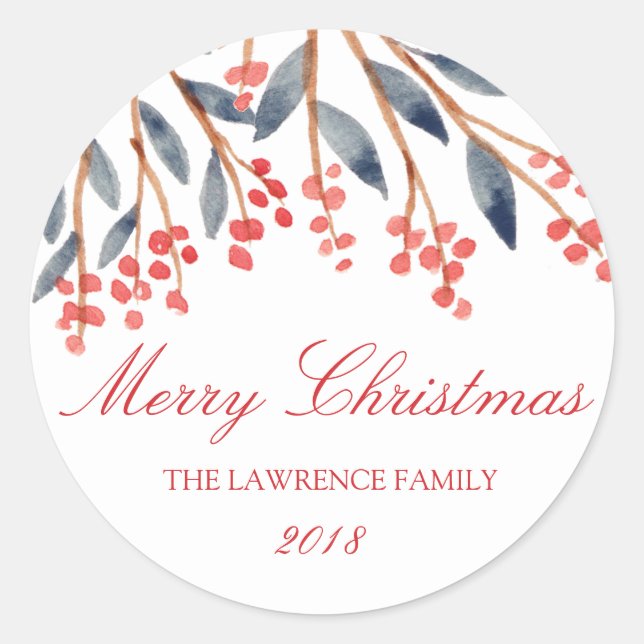 Red Berry Foliage Weihnachten Personalisiert Runder Aufkleber (Vorderseite)