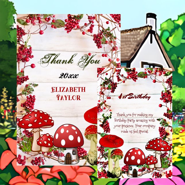 Red Berry Garden Toadstool Grüne Landschaft Mushro Dankeskarte (Red Berry Garden Toadstool Greenery Magic Mushroom Thank You Card)