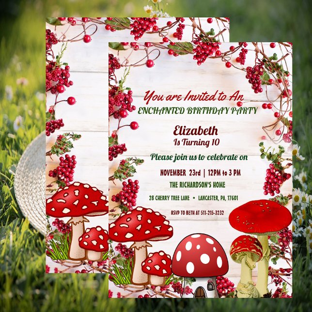 Red Berry Garden Toadstool Kinderparty Einladung (Red Berry Garden Toadstool Kid's Birthday Party Invitation)