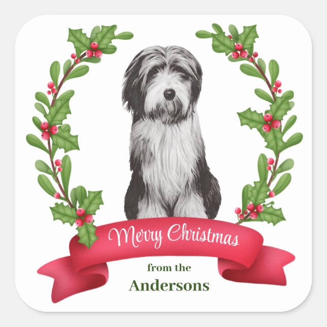 Red Berry Holly Banner Beardie Dog Weihnachten Quadratischer Aufkleber (Vorderseite)