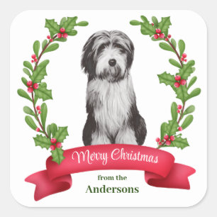 Red Berry Holly Banner Beardie Dog Weihnachten Quadratischer Aufkleber