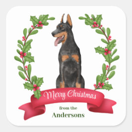 Red Berry Holly Banner Doberman Pinscher Weihnacht Quadratischer Aufkleber