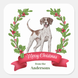 Red Berry Holly Banner Pointer Dog Weihnachten Quadratischer Aufkleber