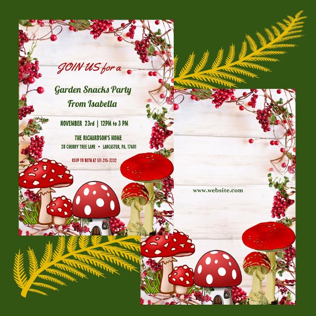 Red Berry Toadstool Garden Snacks Kid's Fall Party Einladung (Red Berry Toadstool Garden Snacks Kid's Fall Party Invitation)