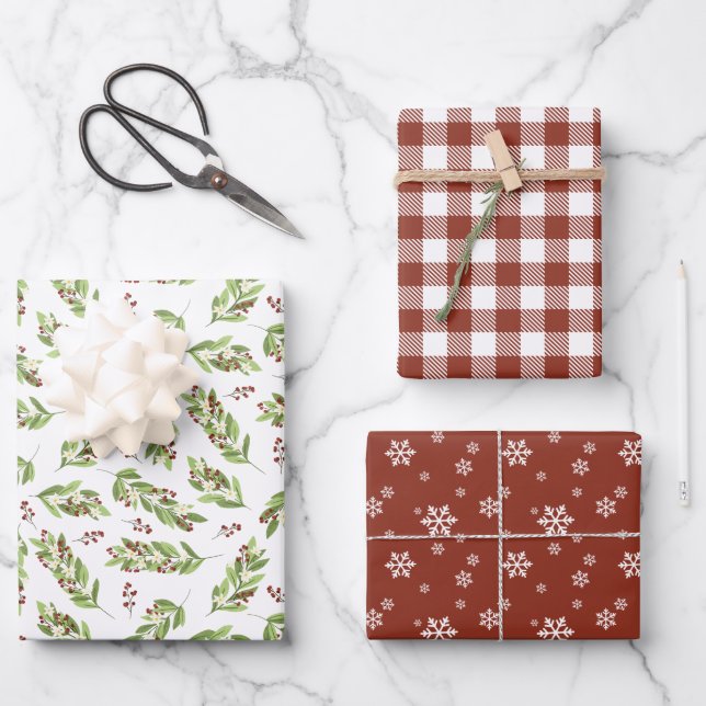Red Berry Twigs Snowflakes Holiday Patterns Geschenkpapier Set (Vorderseite)
