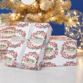 Red Berry Wreath Merry & Bright Gold Snowflakes Geschenkpapier