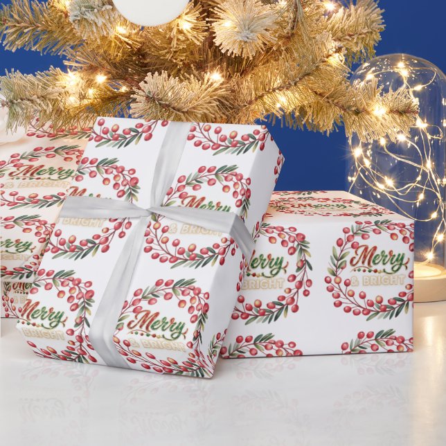 Red Berry Wreath Merry & Bright Gold Snowflakes Geschenkpapier (Feiertage)