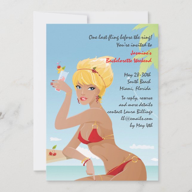 Red Bikini Girl Junggeselinnen-Abschied Einladung (Vorderseite)