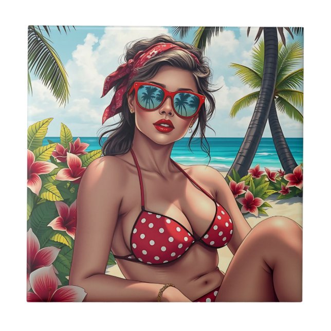 Red Bikini, Sonnenbrille und Bandana Frau Fliese (Vorderseite)