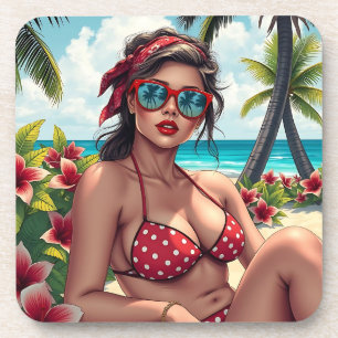 Red Bikini, Sonnenbrille und Bandana Frau Getränkeuntersetzer