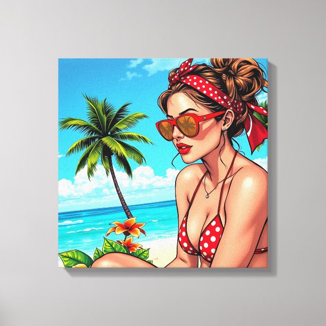 Red Bikini, Sonnenbrille und Bandana Frau Leinwanddruck (Vorderseite)