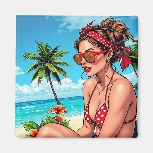 Red Bikini, Sonnenbrille und Bandana Frau Magnet (Vorne)