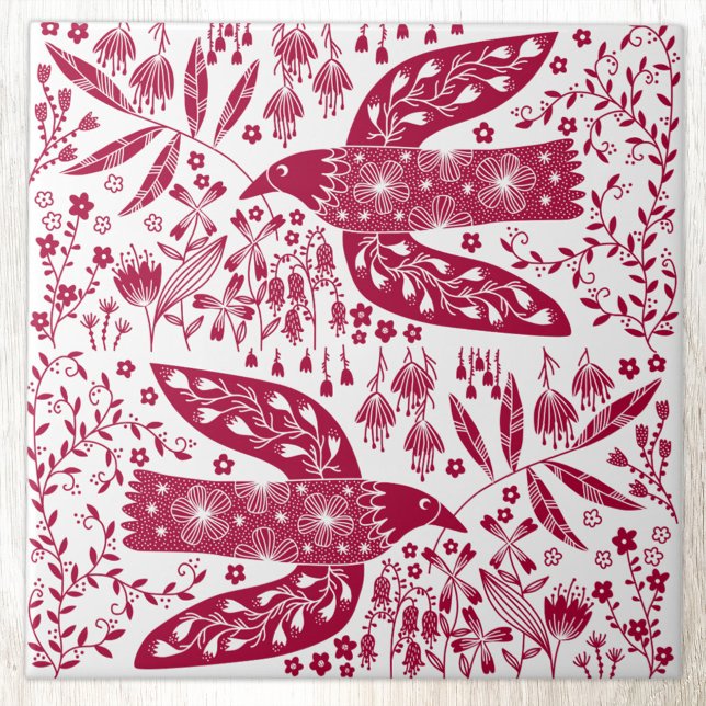 Red Bird Art Fliese (Red and white folk art style peace doves and flowers bird art ceramic tile)