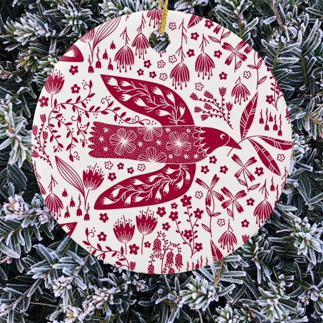 Red Bird Keramik Ornament (Red and white peace dove art Christmas ornament)