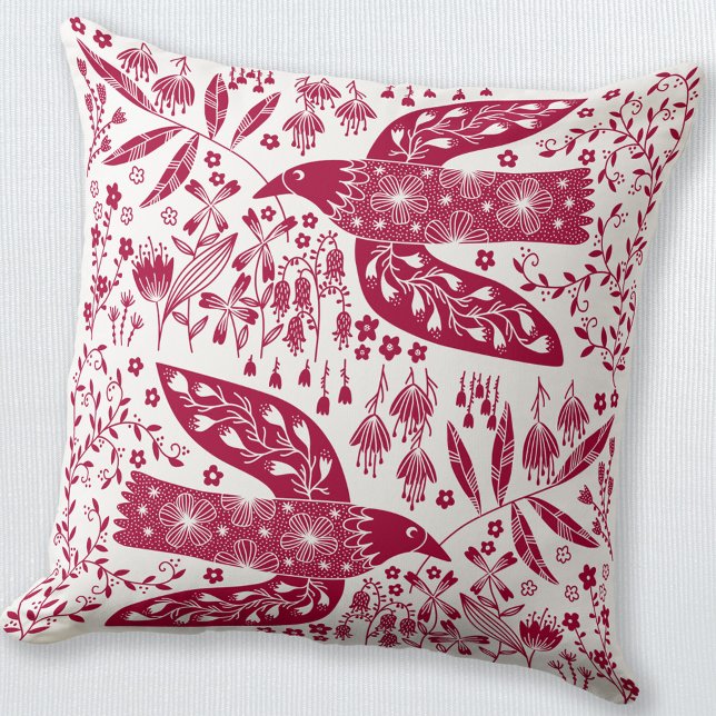 Red Bird Kissen (Red and white peace dove bird folk art style throw pillow)