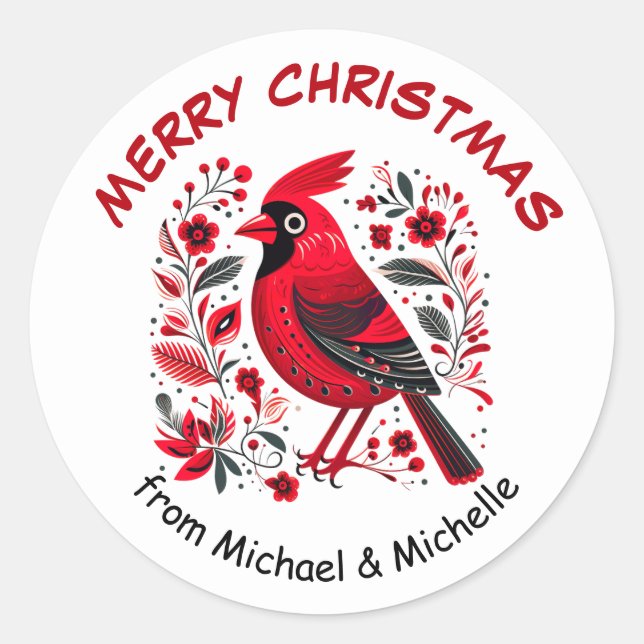 Red Bird Nordic Muster Weihnachten Runder Aufkleber (Vorderseite)
