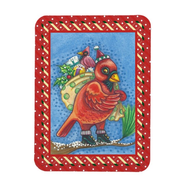 RED BIRD SANTA, GOOD CHEER CHRISTMAS KARDINAL MAGNET (Vertikal)