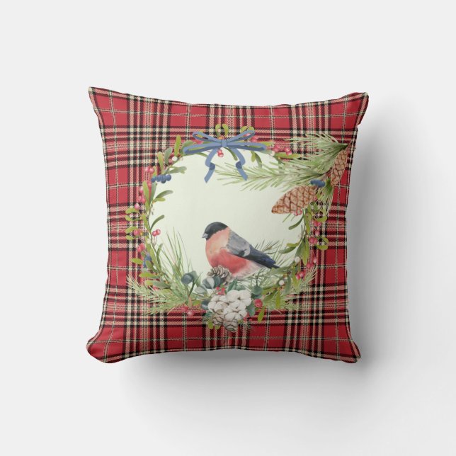 Red Bird & Wreath Christmas Throw Kissen (Vorderseite)