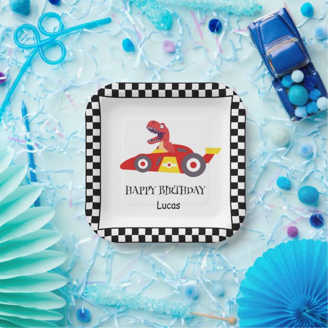 Red Birthday Dinosaurier Rennfahrer Kindername Pappteller (Party)