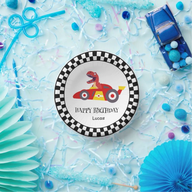 Red Birthday Dinosaurier Rennfahrer Kindername Pappteller (Party)