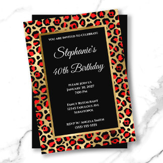 Red Black and Gold Leopard Glam 40. Geburtstag Einladung