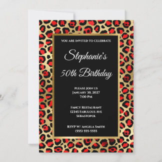 Red Black and Gold Leopard Glam 50. Geburtstag Einladung