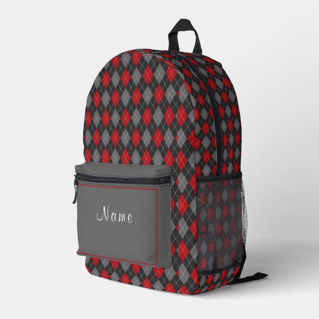 Red Black and Gray Tartan Kariert Bedruckter Rucksack (Rückseitige Ecke Rechts)