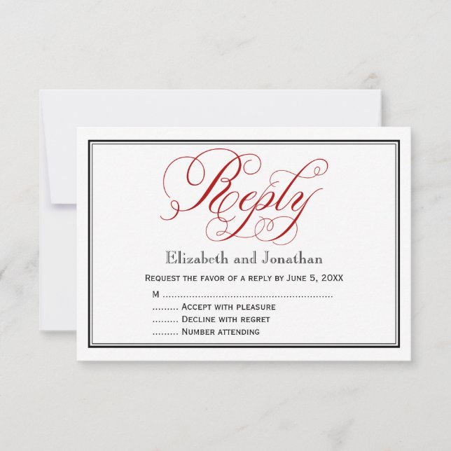Red Black and White Script Wedding Repcard RSVP Karte (Vorderseite)