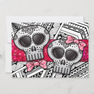 Red Black and White Sugar Skull Wedding Glitzer Einladung