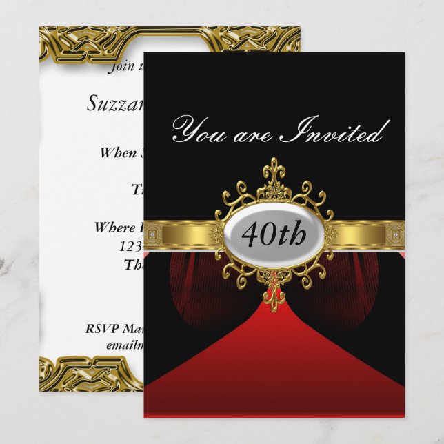 Red Black Anniversaire Fête Glamor Invitation (Devant / Derrière)