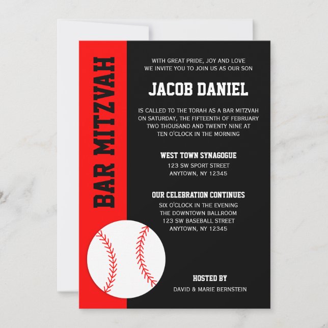Red Black Baseball Bar Mitzvah Einladung (Vorderseite)
