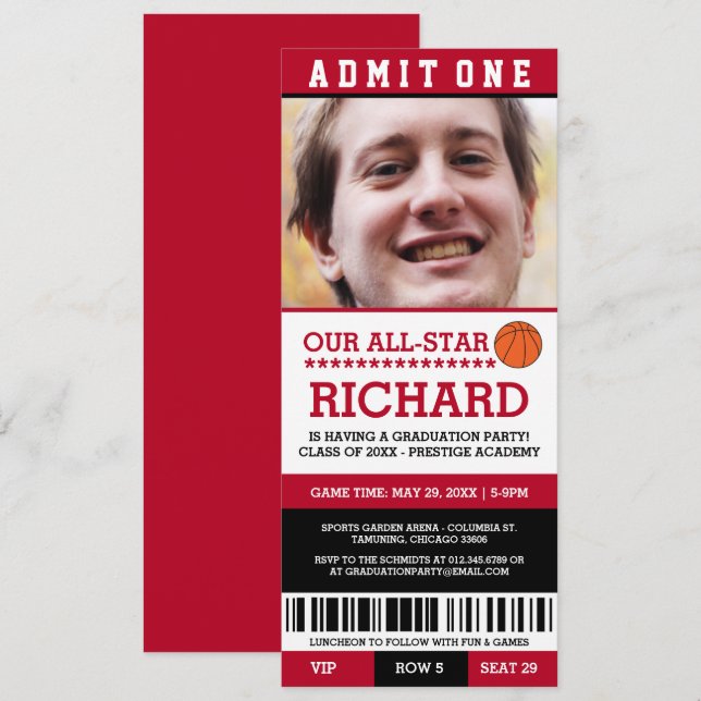 Red & Black Basketball Graduation Party - Einladun Einladung (Vorne/Hinten)