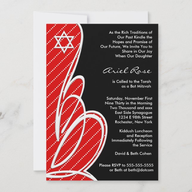 Red Black Bat Mitzvah Einladung (Vorderseite)