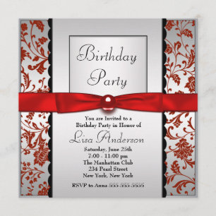 Red & Black Bow Krawatten Damask Geburtstagsparty Einladung