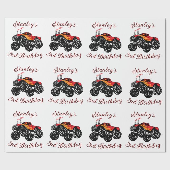 Red Black Boys Geburtstag Monster Truck Geburtstag Geschenkpapier (Flach)