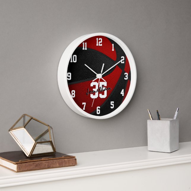 Red Black Boys Girls Basketball Personalized Uhr (Büro)