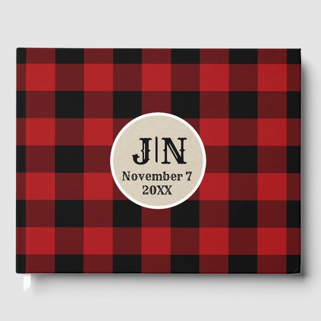 Red Black Buffalo Kariert Checkered Rustic Wedding Gästebuch (Vorderseite)