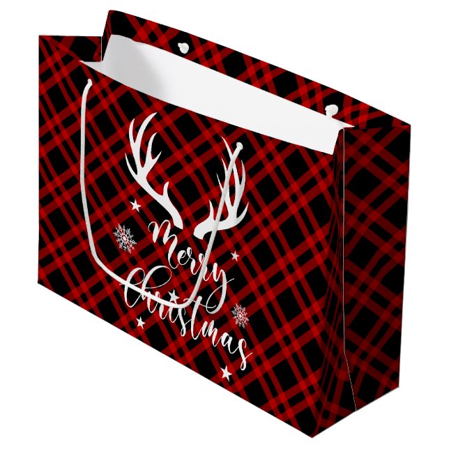 Red Black Buffalo Kariert Deer Antler Weihnachten Große Geschenktüte (Vorderseite Schrägansicht)