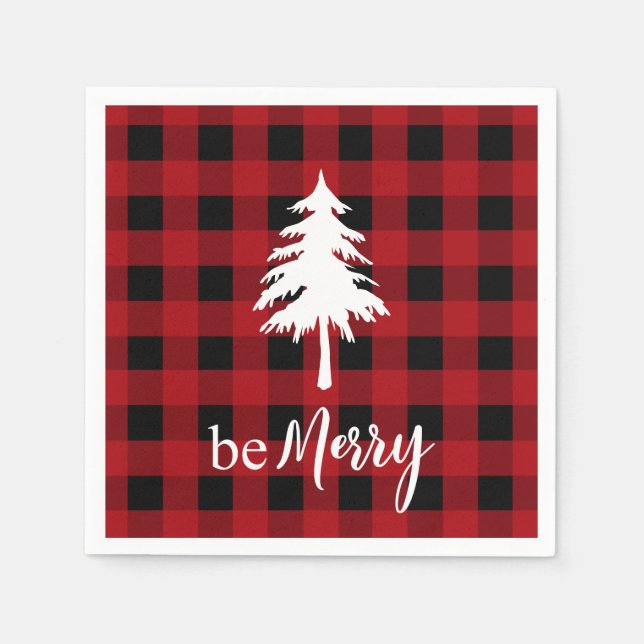 Red Black Buffalo Kariert Evergreen Tree Sei froh Serviette (Vorderseite)