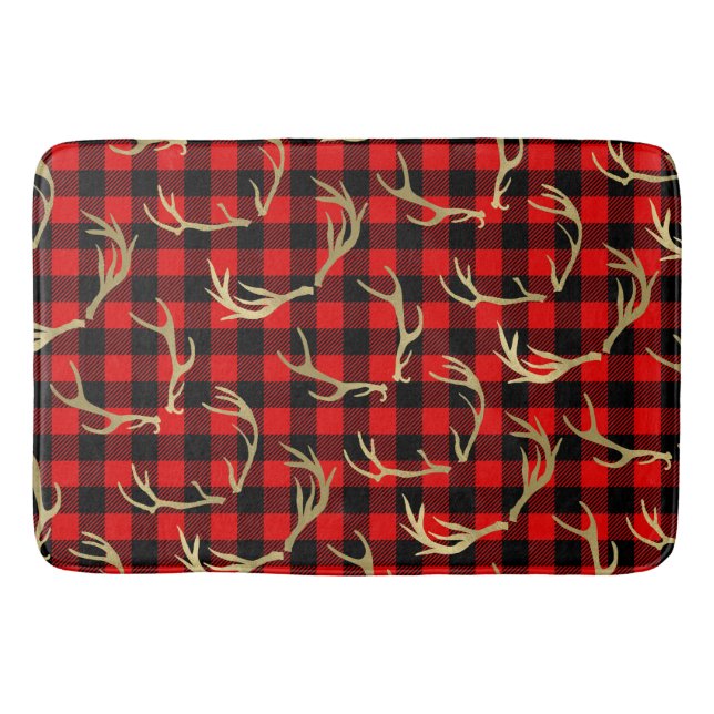 Red & Black Buffalo Kariert & Gold Deer Antlers Badematte (Vorderseite)