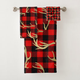 Red & Black Buffalo Kariert & Gold Deer Antlers Badhandtuch Set