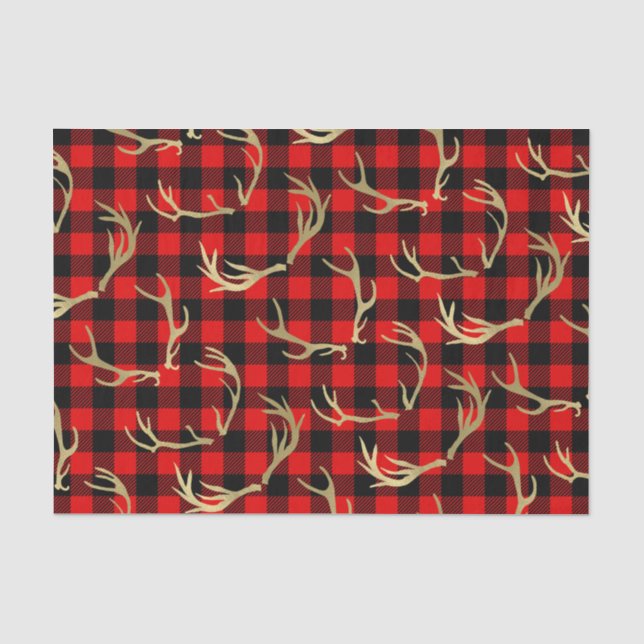 Red & Black Buffalo Kariert & Gold Deer Antlers Seidenpapier (Vorderseite)