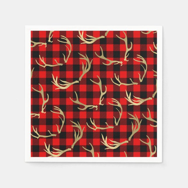 Red & Black Buffalo Kariert & Gold Deer Antlers Serviette (Vorderseite)